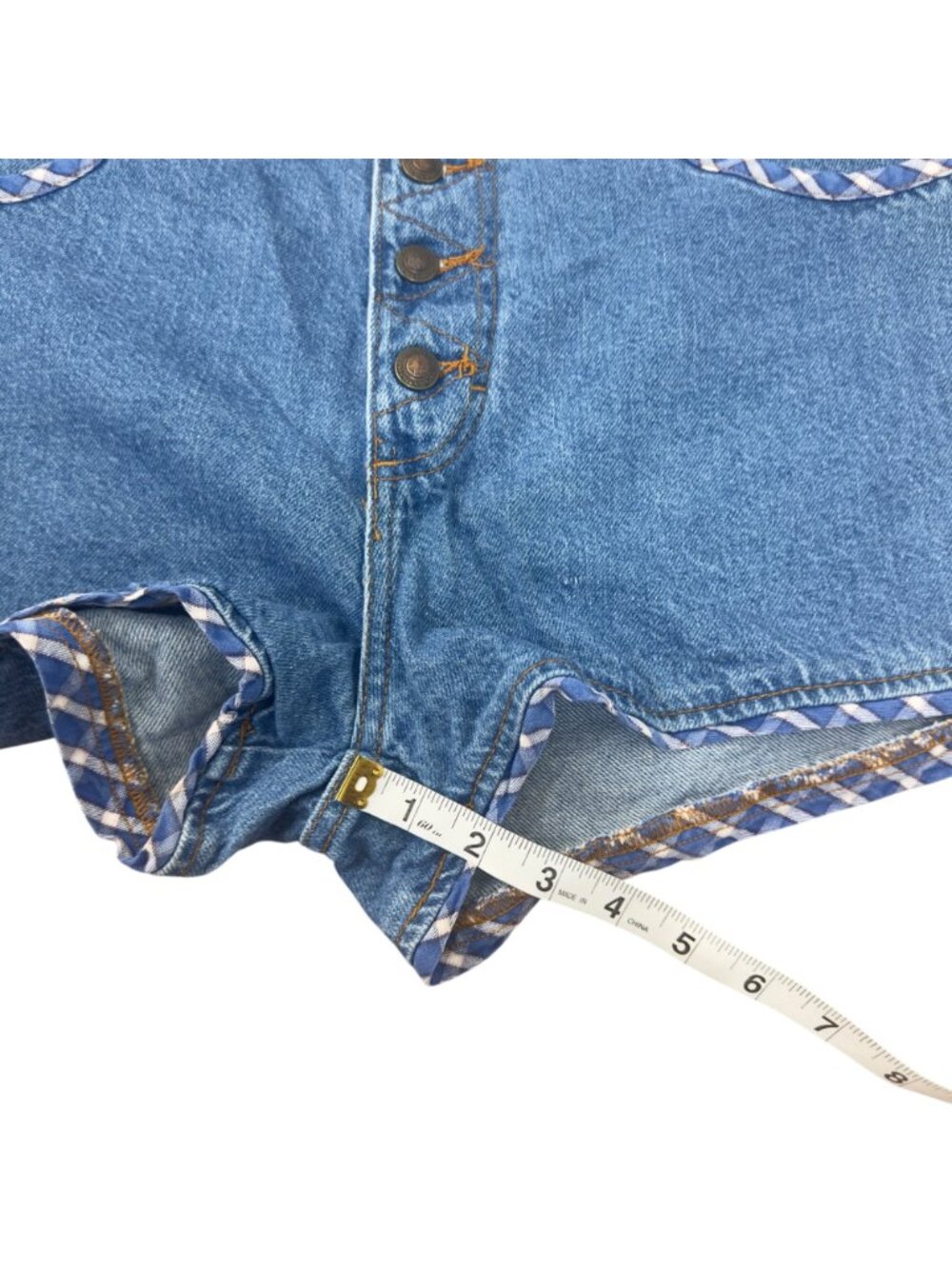 Vintage Retro High-Waisted Denim Shorts With Plaid Trim & Button Fly -Size 11/12 - Picture 7 of 11